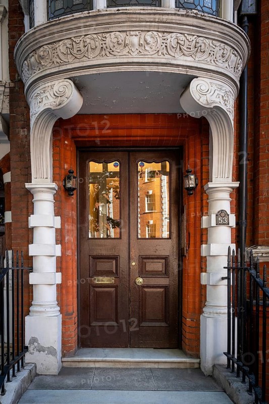 Elaborately designed house entrance, Victorian brick town house, Cadogan Gardens, Relais & Chateau Hotel, Sloane Square, Borough of Chelsea and Kensington, London, England, Great Britain, Great Britain