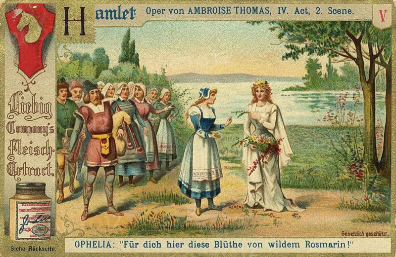 Picture series Hamlet, Ophelia in Act 4, scene 2, as she hands out flowers, picture of love, digitally restored reproduction of a collector's painting from around 1900, exact date unknown