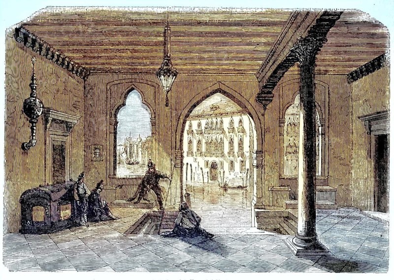 Atrium of Palazzo Foscari in Venice with Gothic architectural elements and figures in the foreground, around 1880, Italy, illustration, reproduction from a 19th century model. Authentic, file restored for optimal use, exact date of original unknown, historical, nostalgically colored