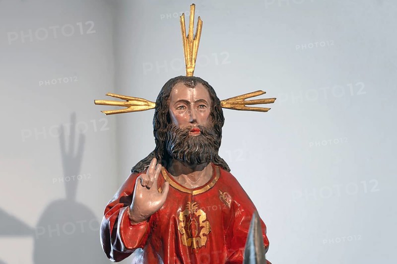 Jesus figure, detail of the palm tree from 1500, church museum of the parish church of St. Dreifaltigkeit, Kösslarn, Marktplatz 35, Lower Bavaria, Germany