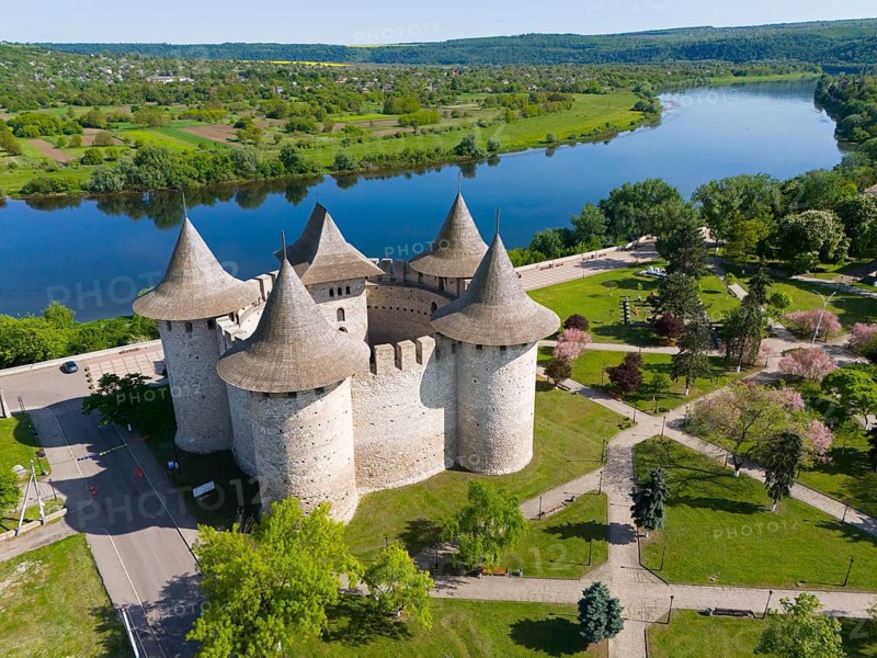 Medieval castle with towers on a river in picturesque landscape, aerial view, Soroca Fortress, Dniester River, Nistru, opposite Ukraine, Republic of Moldova, Moldova