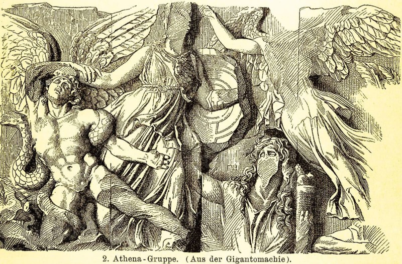 Athena group, Gigantomachia frieze, battle of the goddess Athena against the giant Alkyoneus, excavations of Pergamon, goddess of victory Nike, ancient Greek city foundation in present-day Turkey, snake, incomplete, wing, legend, archeology, Asia Minor, historical illustration 1885