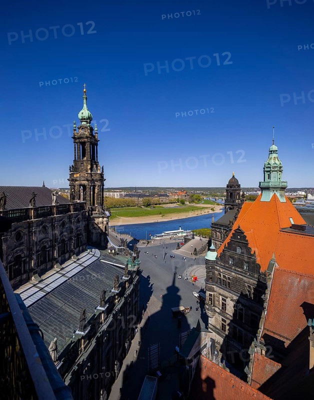View from the castle tower of the high nave of the Catholic Court Church on the Elbe, Ständehaus and Georgentor, Dresden, Saxony, Germany
