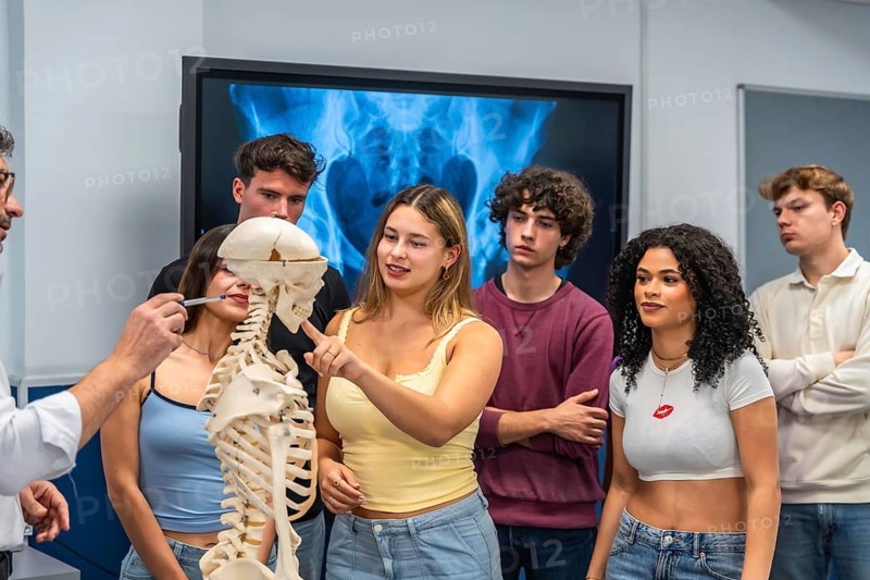 University students attending a biology lesson, actively observing and discussing a human skeleton model with their professor during an anatomy class in a modern laboratory
