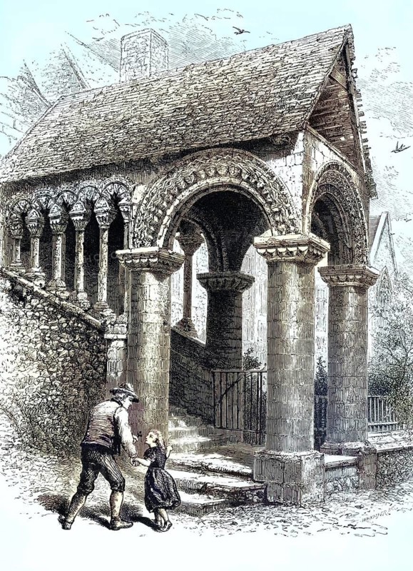 Norman stairwell in Canterbury, King's School, County Kent, England, illustration, reproduction from a 19th century model. Authentic, file restored for optimal use, exact date of original unknown, historical, nostalgically colored