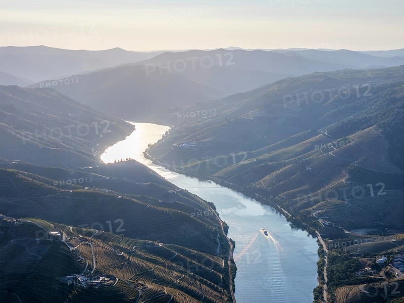 Panoramic aerial view of the Douro River and layered vineyard hills in Douro Valley, Portugal, with a tourist boat on the water