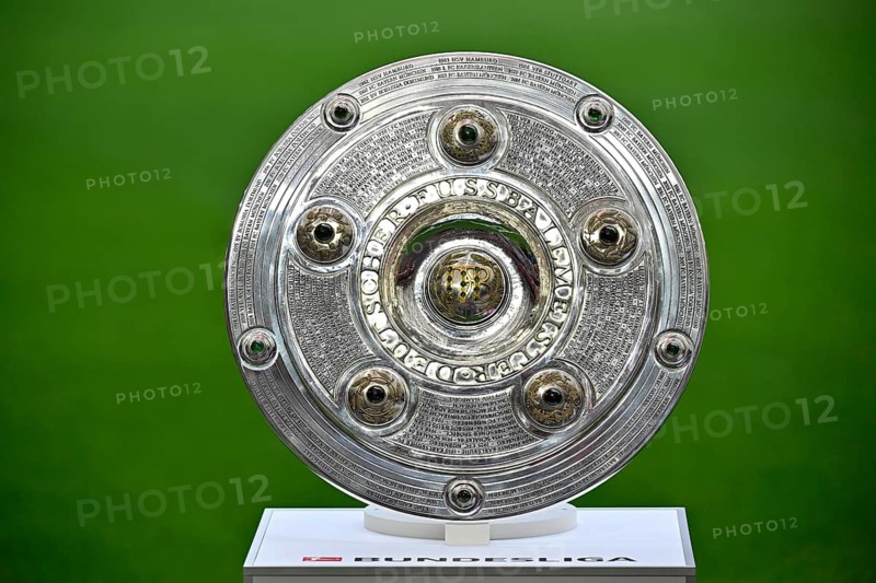 Championship cup, bowl, trophy, on podium, soccer Bundesliga, Allianz Arena, Munich, Bayern, Germany