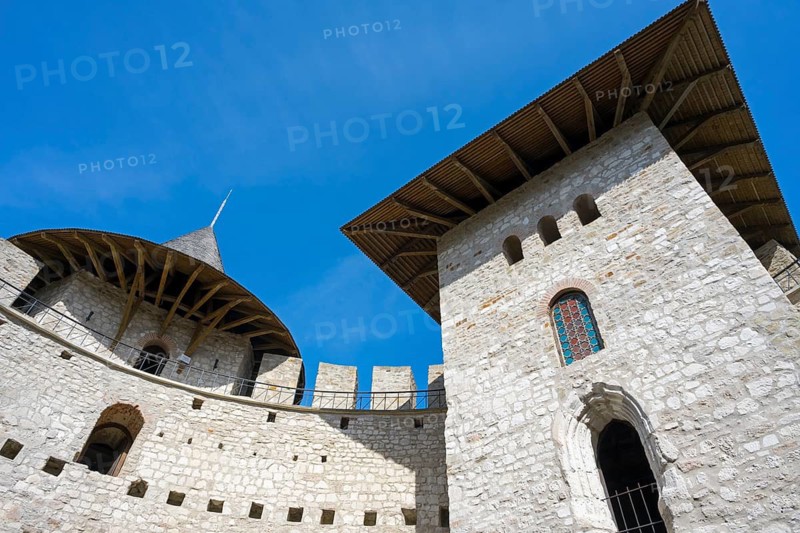 View of architectural details of the castle with medieval towers and wall, Soroca Fortress, Soroca, Republic of Moldova, Moldova