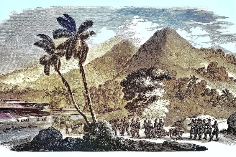 French troops marching in Punaauia during the Franco-Tahitian War (1844–1847) on the island of Tahiti. In the foreground, a colonial infantry and artillery unit marches along the tropical coastline. In the background rises the striking, mountainous landscape of the Punaauia valley, illustration, reproduction of a 19th-century original. Authentic, file restored for optimal use, exact date of the original unknown, historical, coloured