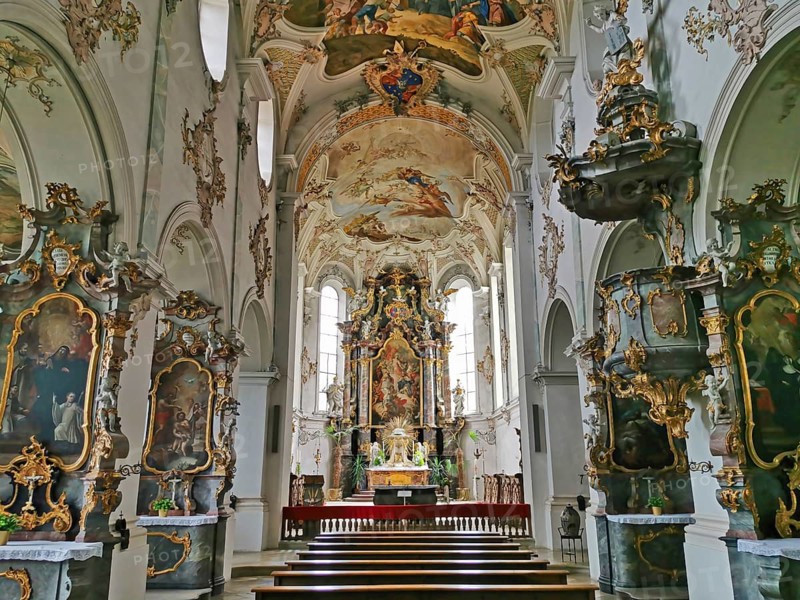 Interior of the monastery church of Mönchsdeggingen Abbey, former monastery of the Mariannhill Missionaries, near Nördlingen on southern Riesrand, Donau-Ries district, Swabia, Bavaria, Germany