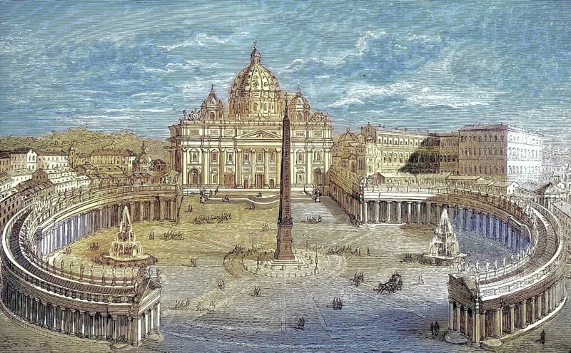 St. Peter's Square, Piazza San Pietro and St. Peter's Basilica, Basilica di San Pietro, in Vatican City in Rome around 1890, Italy, illustration, reproduction from a 19th century model. Authentic, file restored for optimal use, exact date of original unknown, historical, nostalgically colored