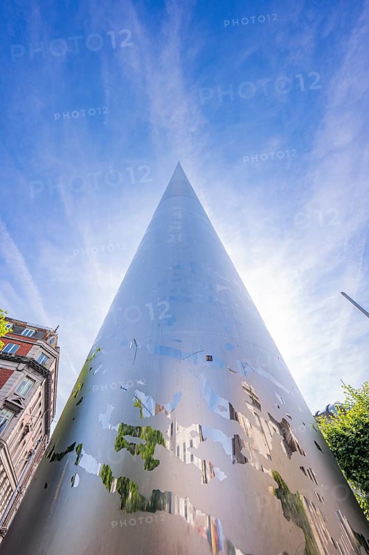 Close-up of a modern, shiny lace reaching into the sky, The Spire, Dublin, Ireland
