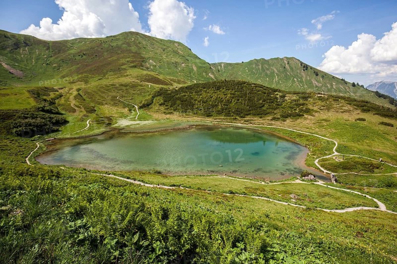 View of Schlappoldsee, Oberstdorf, Oberallgäu, Allgäu, Bavaria, Germany
