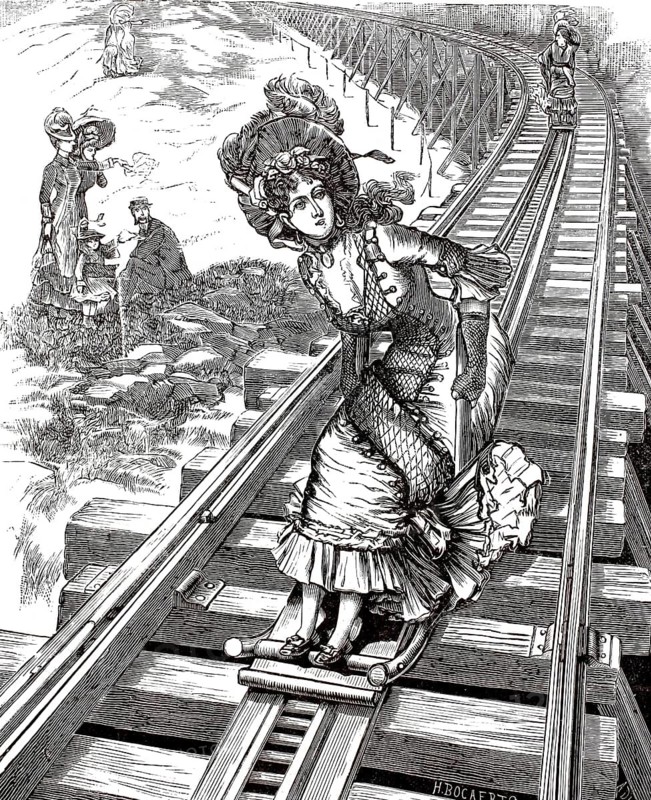 A woman on a so-called Devils Shingle, devil shingle, during a rapid descent on the tracks of the Mount Washington Cog Railway in New Hampshire, USA, 1878, illustration, reproduction from a 19th-century model. Authentic, file restored for optimal use, exact date of submission unknown, historical