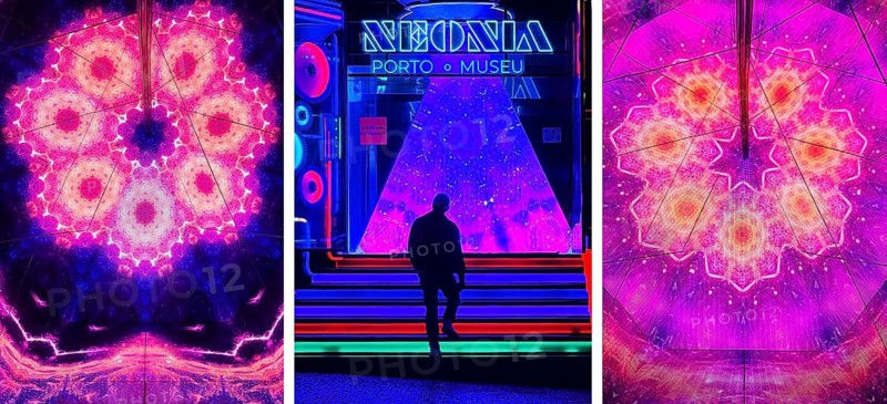 A man walks up the stairs to Neonia, an immersive museum that combines art, science and the history of the city in interactive spaces, photo collage, Porto, Portugal