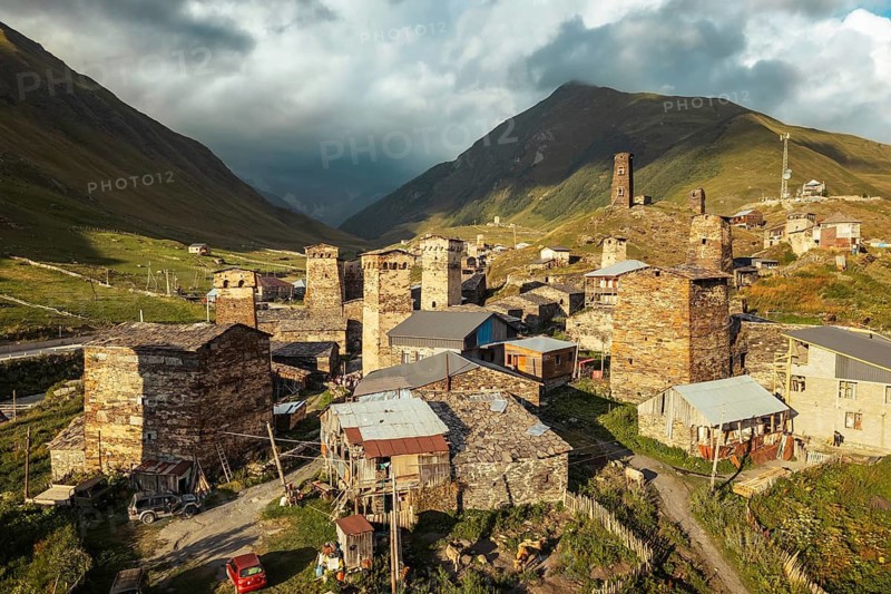 Aerial view Ushguli village settlement and Svan towers in high caucasus mountains.UNESCO World Heritage Site. Svaneti Georgia. Chazhashi - most preserved village with svan towers