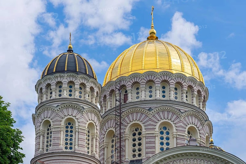Central dome of the 19th century Orthodox Nativity of Christ Cathedral in Neo-Byzantine style in the capital city Riga, Latvia