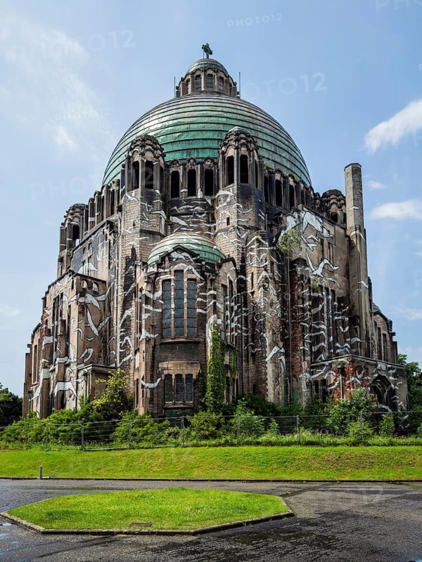 The neglected church Église du Sacré-Coeur de Cointe at the Mémorial Interallié, Liège, Belgium, digitally reworked