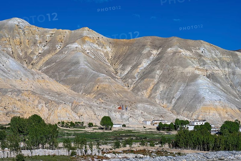 Small settlement and cultivated fields in front of mountainous landscape, erosion landscape near Lo Manthang, Mustang, Upper Mustang, former kingdom, Himalayas, Nepal