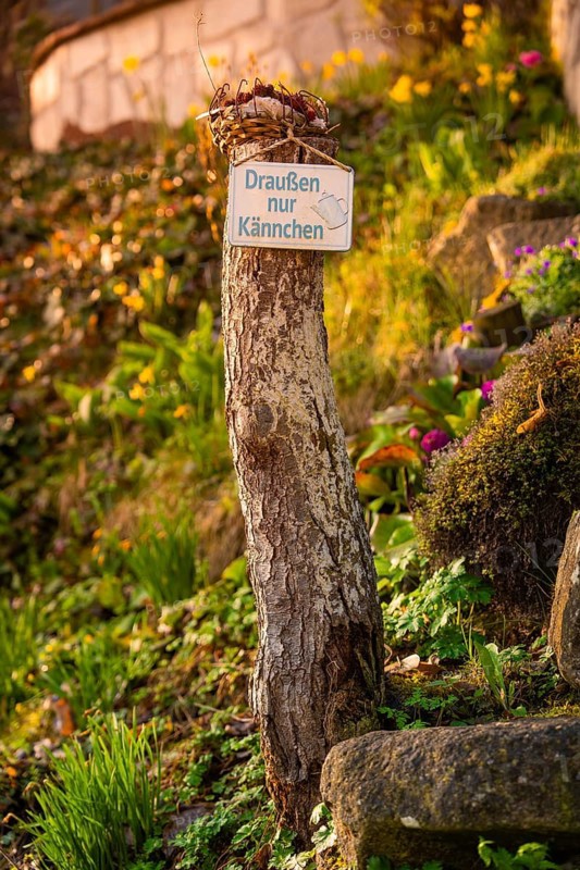 Wooden post with sign in a green, blooming garden, Dachtel, Aidlingen, Heckengäu Region, Germany