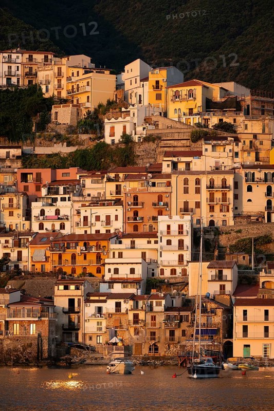 Houses, just after sunrise, Scilla, on the Strait of Messina, Calabria, Italy