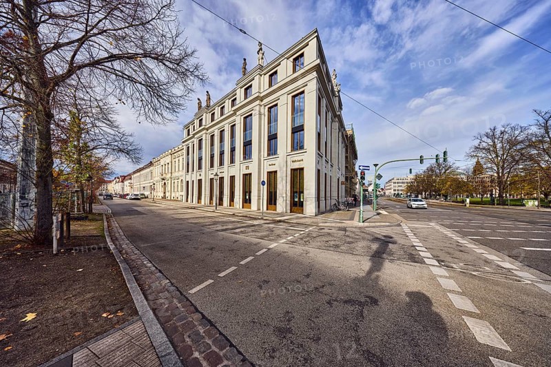 Berliner Volksbank eG, historic commercial building, general architecture, road, cycle path, traffic lights, cars, bare winter trees, blue sky, cumulus clouds, cirrus clouds, intersection of Yorckstraße, Friedrich-Ebert-Straße and Am Kanal, Potsdam, state capital, district-free city, Brandenburg, Germany