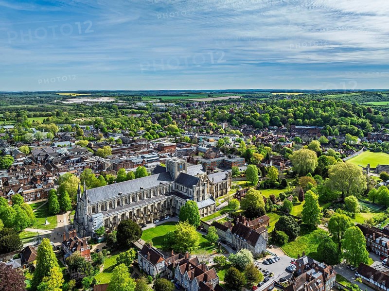Winchester Cathedral from a drone, Winchester, Hampshire, England, United Kingdom