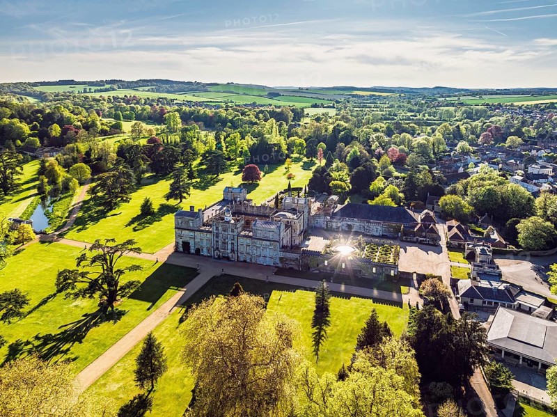 Wilton House from a drone, Wilton, River Nadder, Salisbury, Wiltshire, England, United Kingdom