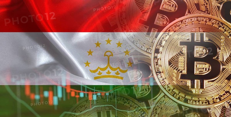 Bitcoin cryptocurrency with Tajikistan flag, Investors in Blockchain Technology. Tajik flag with Bitcoin in the background