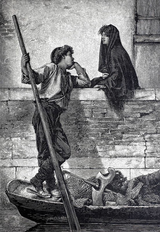 Young couple in love from Venice in Italy, an intimate conversation between a gondolier on their boat and a woman sitting on a wall by the canal, 1890, illustration, reproduction from a 19th-century model. Authentic, file restored for optimal use, exact date of submission unknown, historical