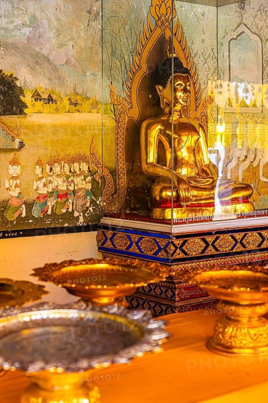 Gilded seated Buddha figure in a glass box, Wat Phra That Doi Suthep temple complex, Chiang Mai, Thailand