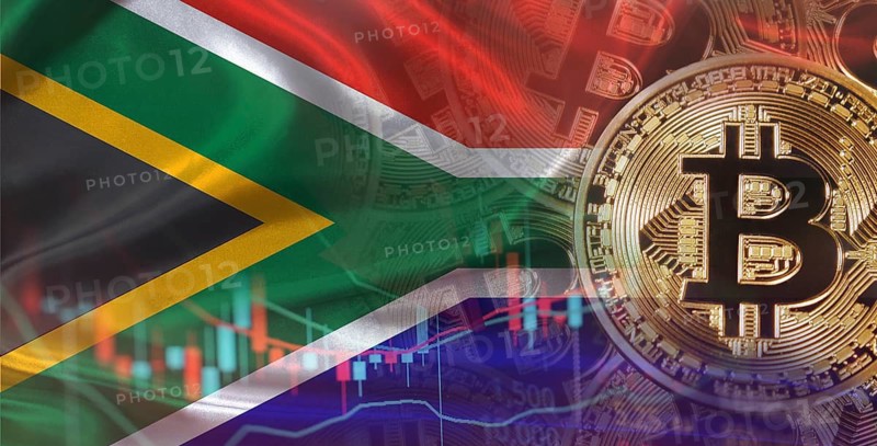 Bitcoin cryptocurrency with South African flag, Investors in Blockchain Technology. South African flag with Bitcoin background