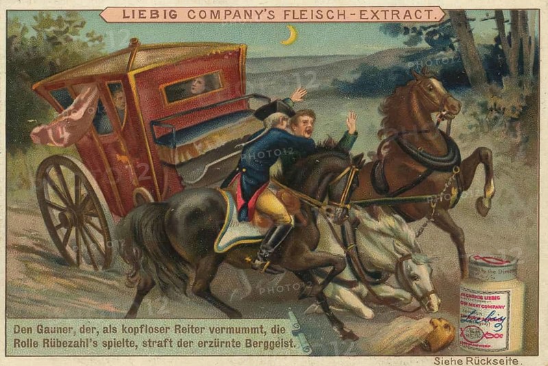 Picture series Legends, A crook tries to frighten and rob travellers in a carriage by disguising himself as a headless horseman and pretending to be Rübezahl. The real mountain spirit Rübezahl, who often appears in legends as a guardian of justice, does not tolerate this misuse of his name. He appears (indicated on the left in the picture as a shadowy figure) and punishes the impostor, Liebig picture, digitally restored reproduction of a collector's picture from around 1900, exact date unknown