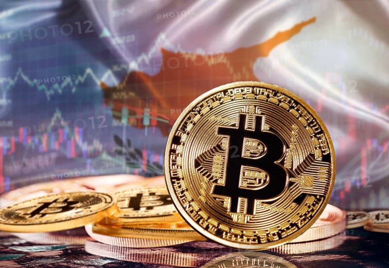 Bitcoin with Cypriot flag in the background. Investors in cryptocurrency and Blockchain Technology in Cyprus, Concept