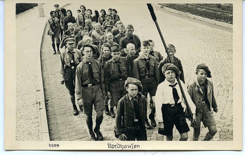 Boys, young people, organized, HJ, Hitler Youth, beret, uniform, Nordhausen, rally, National Socialism, small group of boys and men in uniform, marching on a street, in black and white, Julius Gross, 1933