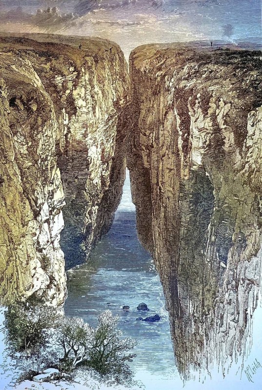 Huntsman's Leap crevice or hunter's jump in Pembrokeshire, Wales, illustration, reproduction from a 19th century model. Authentic, file restored for optimal use, exact date of original unknown, historical, nostalgically colored
