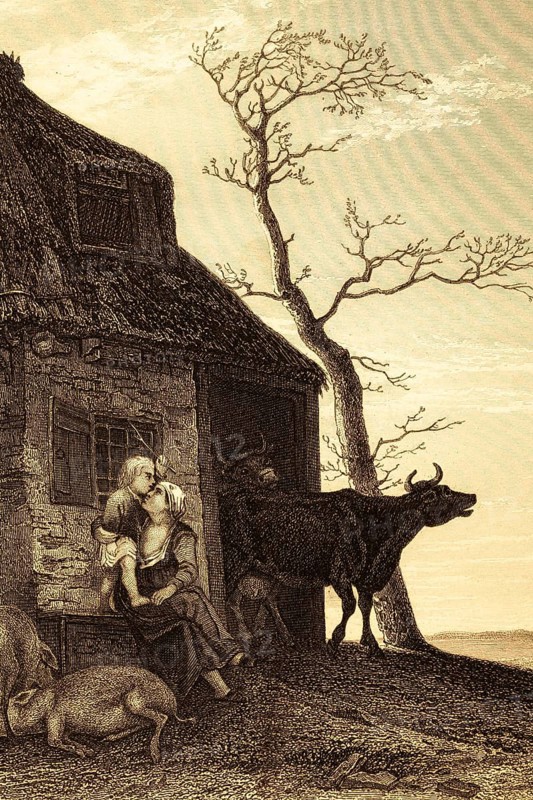 Detail from the painting Morning by Paul Potter, Dutch painting, Baroque, 17th century, landscape painting, animal painting, morning mood, sunrise, pasture, farm, cattle, cows, horses, sheep, nature, rural idyll, sky, clouds, lighting mood, realism, observation of nature, agriculture, oil painting, art history, golden age, Netherlands, cow, cowshed, farmhouse, Thatched house, tree, female farmer with child, bench, historical illustration 1854