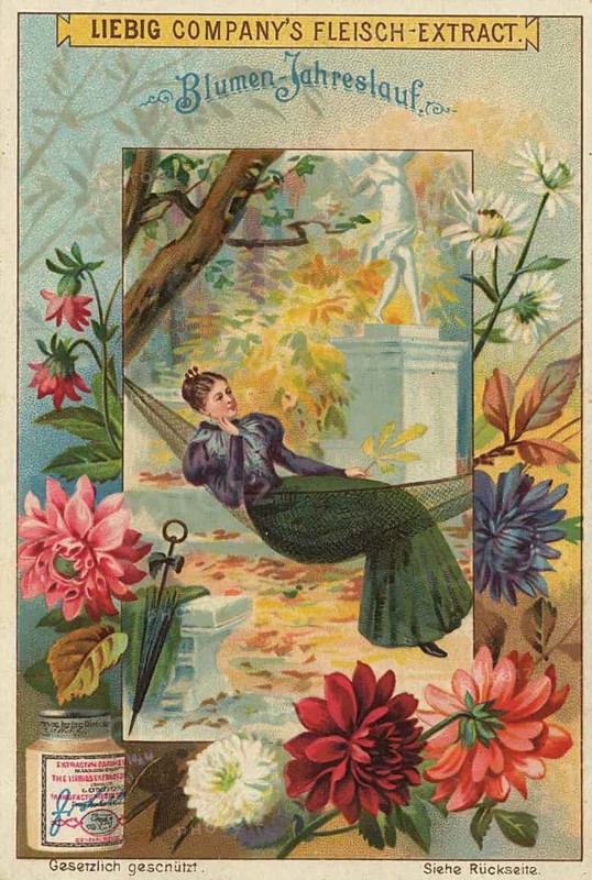 Picture series Flower Year Run, a young woman in a hammock, framed by magnificent autumnal flowers, dahlias and asters, as well as a statue in the background, favorite picture, digitally restored reproduction of a collector's painting from around 1900, exact date unknown