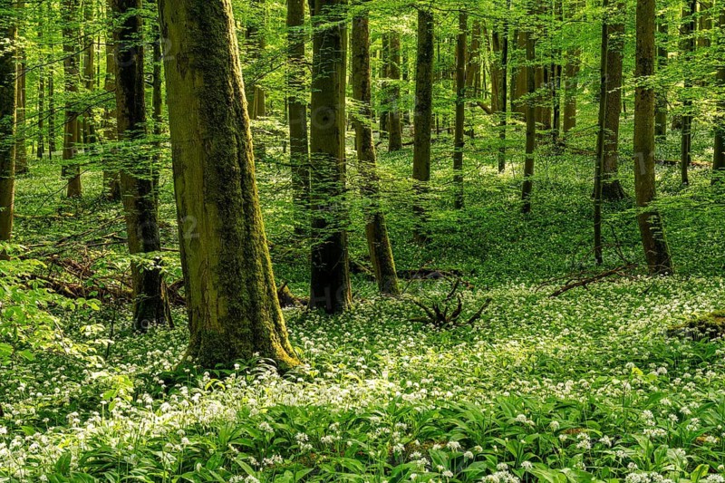 A mystical primeval forest with ancient European beech trees (Fagus sylvatica) and green foliage bathed in atmospheric light, the forest floor is completely covered with white-flowering wild garlic (Allium ursinum), spring, Hainich National Park, Thuringia, Germany