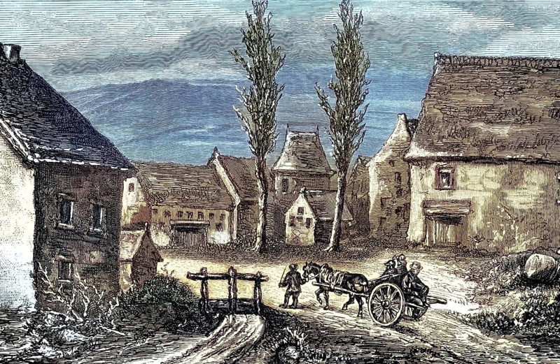 Transport of prisoners: a wooden horse-drawn cart, carrying several people, travels along an unpaved track through a village. Russo-Turkish War (1877–1878), illustration, reproduction of a 19th-century original. Authentic, file restored for optimal use, exact date of the original unknown, historical, nostalgically coloured