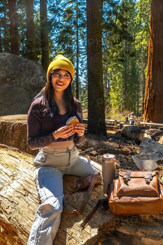 Woman sitting on a fallen log and eating a sandwich while taking a break during a sunny hike through the towering redwood forest of sequoia national park