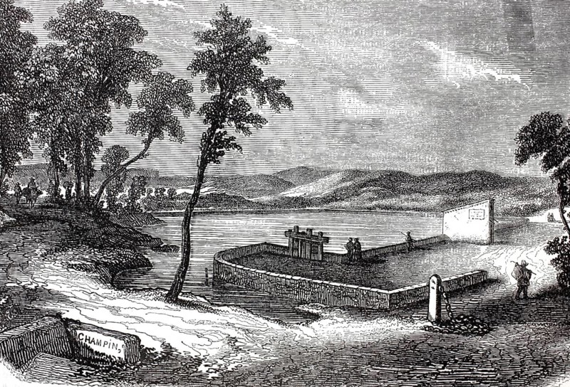 Bassin de Saint-Ferréol, the main reservoir of the Canal du Midi in southern France, around 1890, illustration, reproduction from a 19th-century model. Authentic, file restored for optimal use, exact date of submission unknown, historical