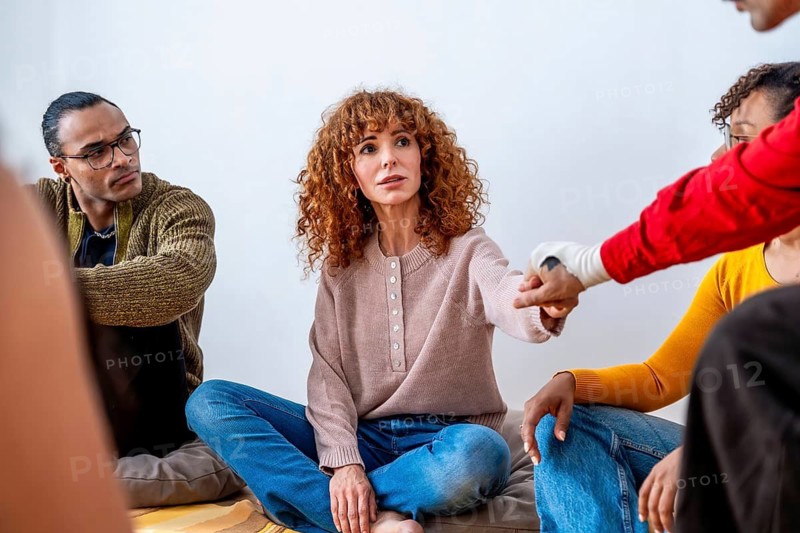Diverse adults seated in a circle during a group therapy session, a red haired woman shaking hands and sharing experiences as others listen and offer emotional support and understanding