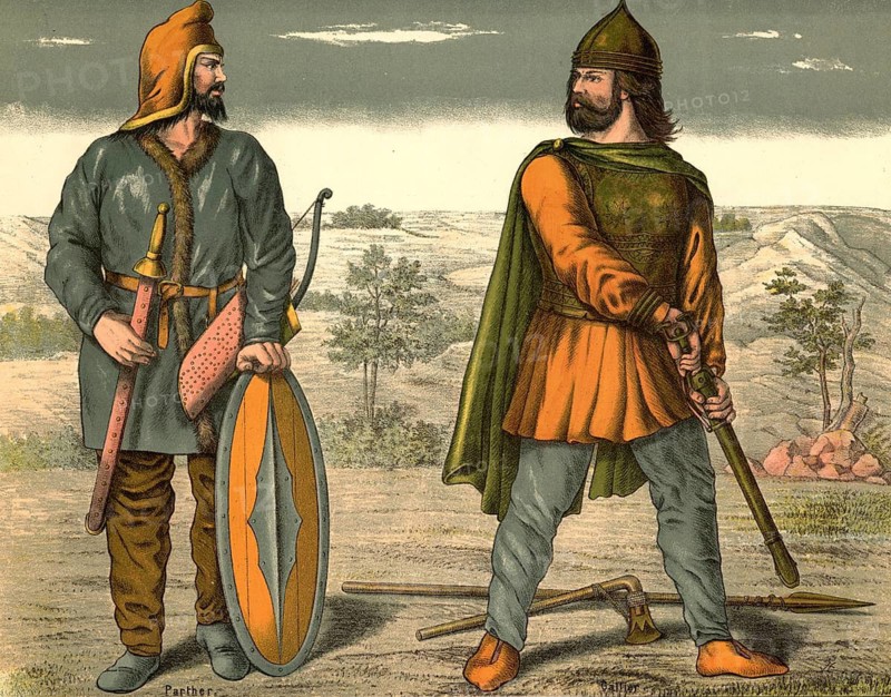 A historical costume or battle scene depicting two ancient peoples: a Parthian, equipped with a curved dagger (akinakes) on his belt, a reflex bow on his back and an elongated, oval shield with a metal boss, and a Gaul (on the right), holding a longsword in its scabbard. Lying on the ground are further weapons typical of the ancient Celts: a spear and a battle axe, school picture, illustration, reproduction of a 19th-century original. School picture, wall hanging, authentic, file restored for optimal use, exact date of the original unknown, historical