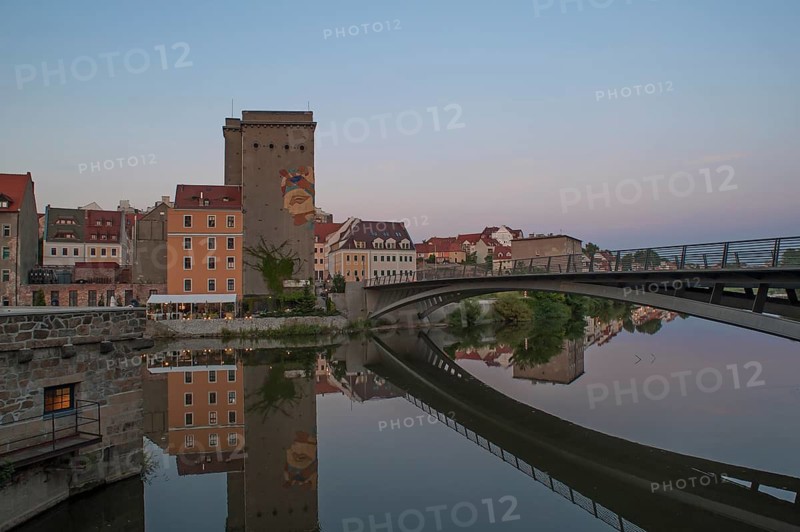 View of the Polish town of Görlitz Zgorzelec, on the right the Old Town Bridge across the Neisse as a border line, on the left a former warehouse with an image of Europe, Görlitz, Upper Lusatia, Saxony, Germany