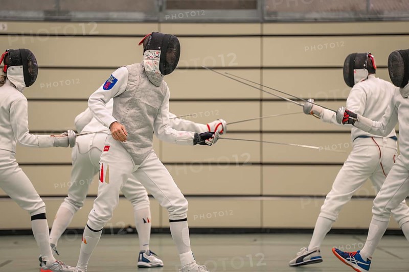 Fencing team doing exercises, synchronized movements in full equipment, fencing, TSV Calw, Calw district, Germany
