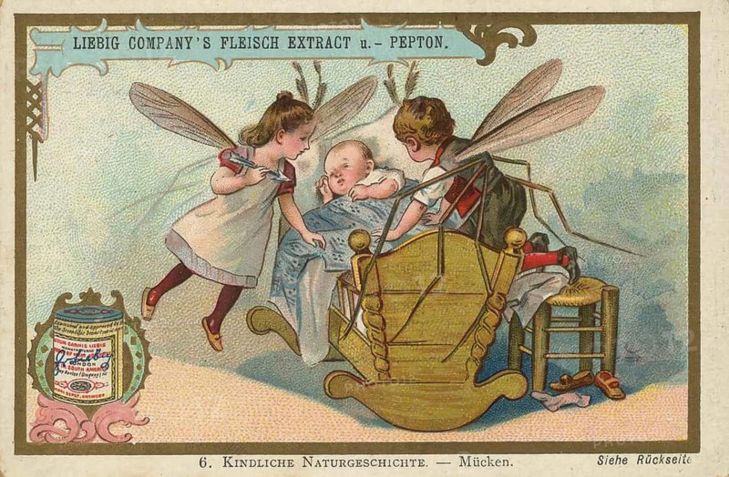 Picture series Children's Natural History, an imaginative scene with children as mosquitoes hovering over a baby in a cradle, picture of love, digitally restored reproduction of a collector's painting from around 1900, exact date unknown