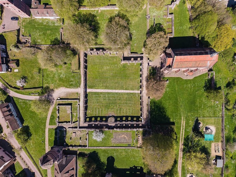 Aerial view, top down view of the Hirsau monastery ruins, a former important Benedictine abbey in the Nagold Valley in the northern Black Forest, Hirsau, Calw, Black Forest, Germany