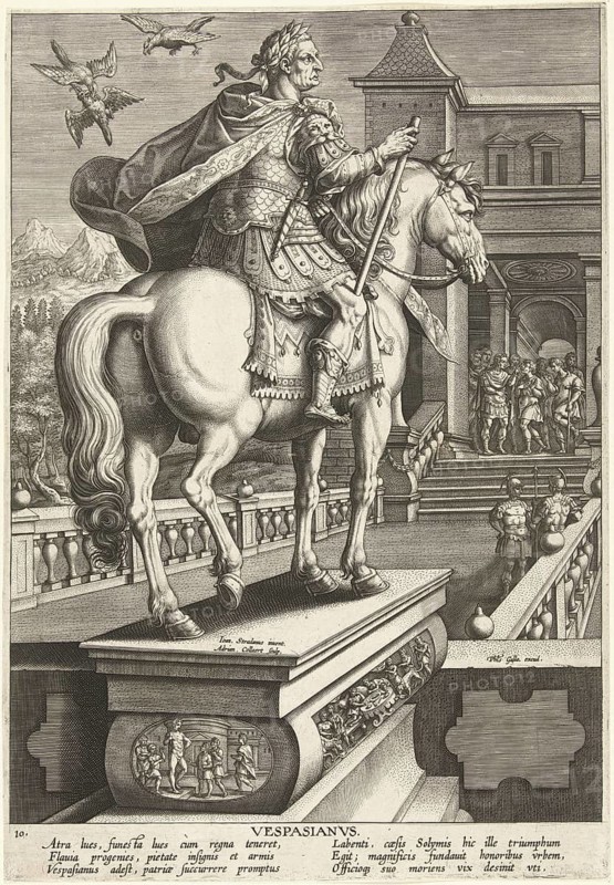 Vespasian (born 17 November 9 in Falacrinae, died 23 June 79 in Aquae Cutiliae) was Roman Emperor from 1 July 69 until his death. His birth name was Titus Flavius Vespasianus, as Emperor, he bore the title Imperator Caesar Vespasianus Augustus. Illustration: reproduction of a 19th-century original. Authentic, file restored for optimal use, exact date of the original unknown, historical