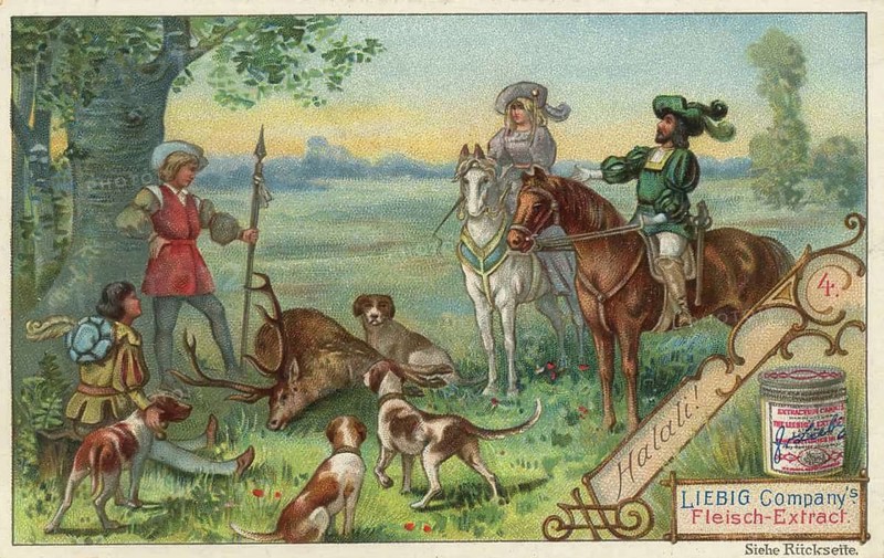 Picture series The Hunt, a historical hunting scene with hunters, horses and dogs, favorite painting, digitally restored reproduction of a collector's painting from around 1900, exact date unknown